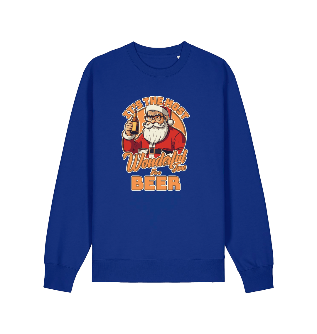 blue xmas sweater with the graphic of santa drinking a beer and the slogan 'it's the most wonderful time for a beer'