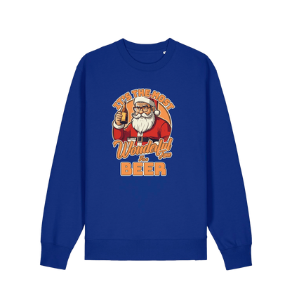 blue xmas sweater with the graphic of santa drinking a beer and the slogan 'it's the most wonderful time for a beer'