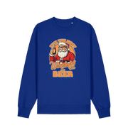 blue xmas sweater with the graphic of santa drinking a beer and the slogan 'it's the most wonderful time for a beer'