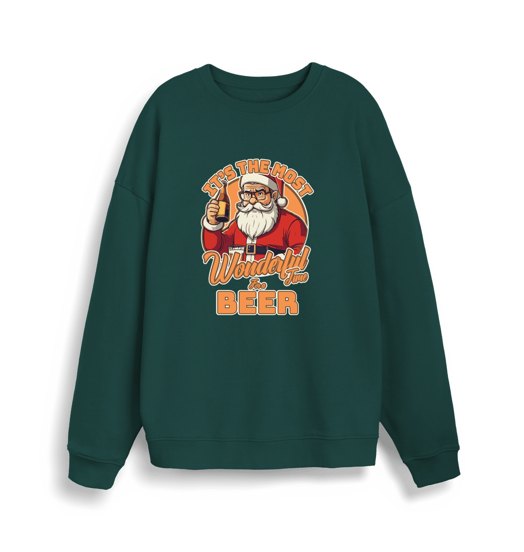 green xmas sweater with the graphic of santa drinking a beer and the slogan 'it's the most wonderful time for a beer'