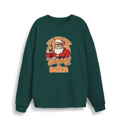 green xmas sweater with the graphic of santa drinking a beer and the slogan 'it's the most wonderful time for a beer'