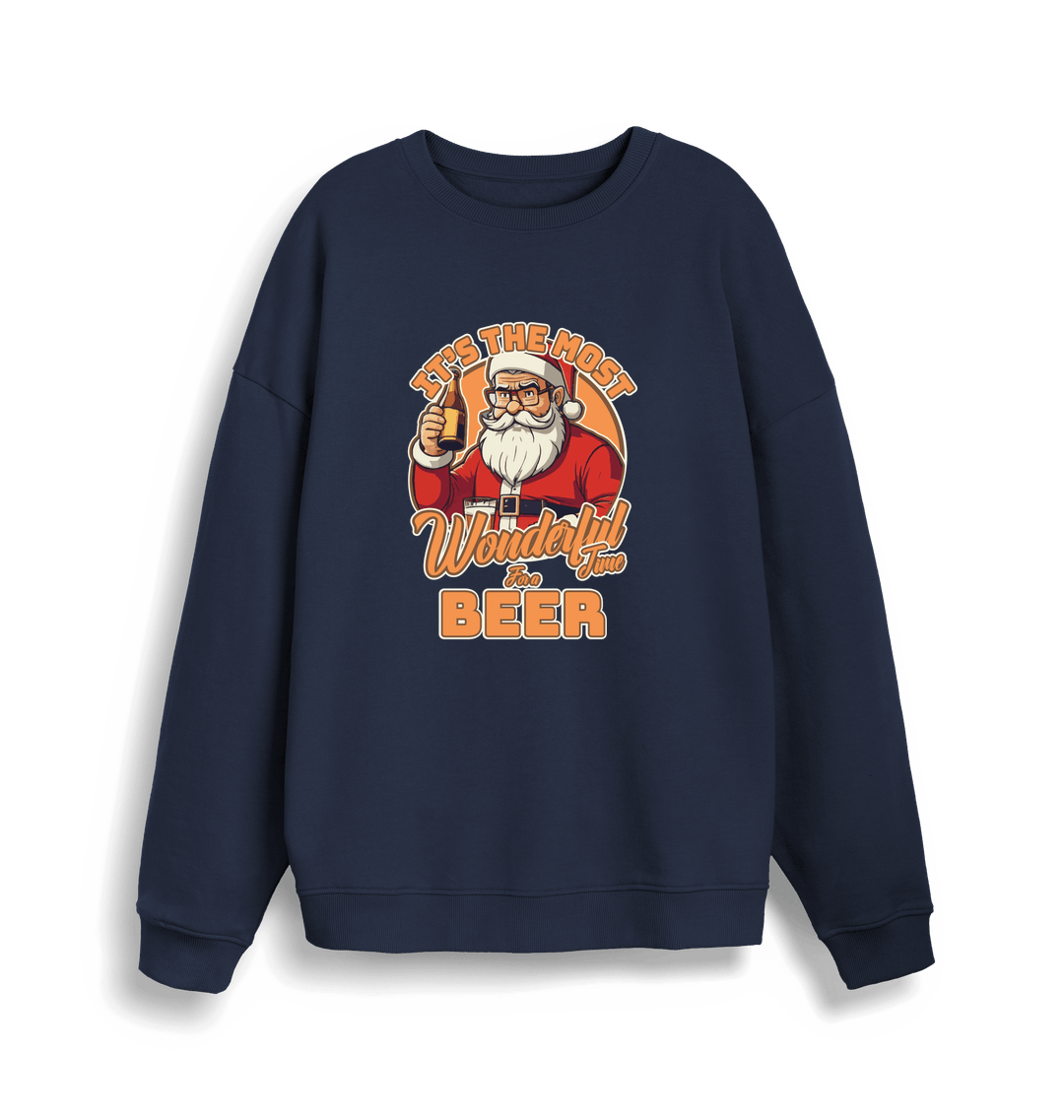 navy xmas sweater with the graphic of santa drinking a beer and the slogan 'it's the most wonderful time for a beer'