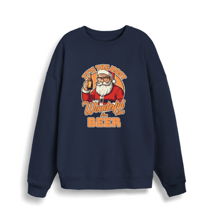 navy xmas sweater with the graphic of santa drinking a beer and the slogan 'it's the most wonderful time for a beer'