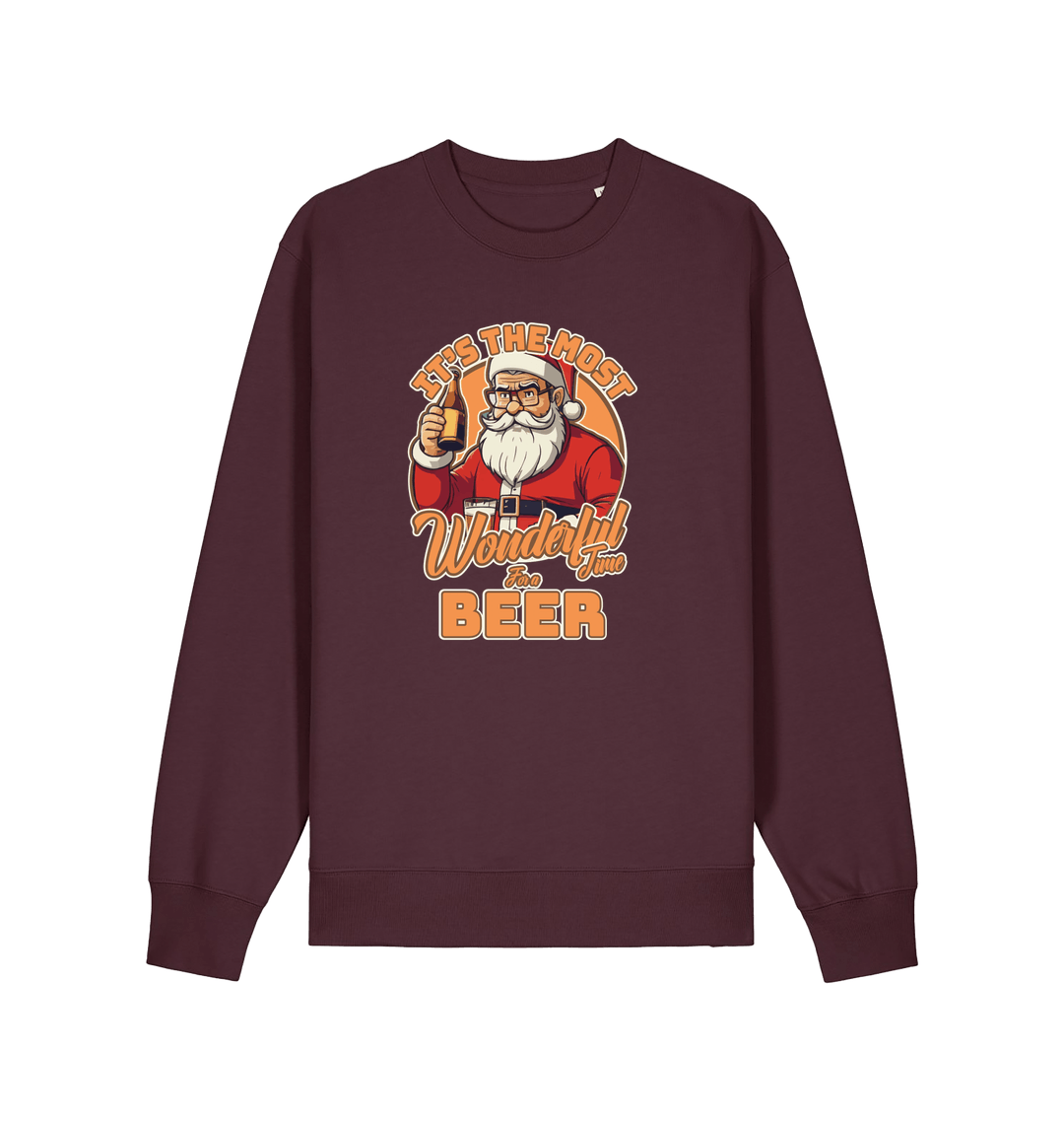 red brown xmas sweater with the graphic of santa drinking a beer and the slogan 'it's the most wonderful time for a beer'