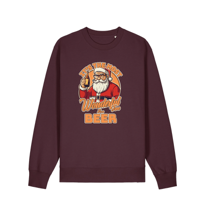 red brown xmas sweater with the graphic of santa drinking a beer and the slogan 'it's the most wonderful time for a beer'