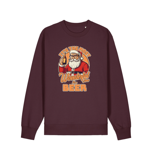 red brown xmas sweater with the graphic of santa drinking a beer and the slogan 'it's the most wonderful time for a beer'