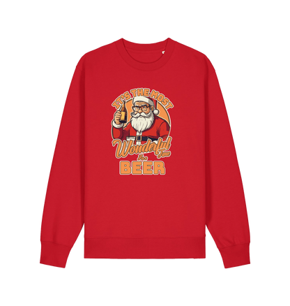 red xmas sweater with the graphic of santa drinking a beer and the slogan 'it's the most wonderful time for a beer'