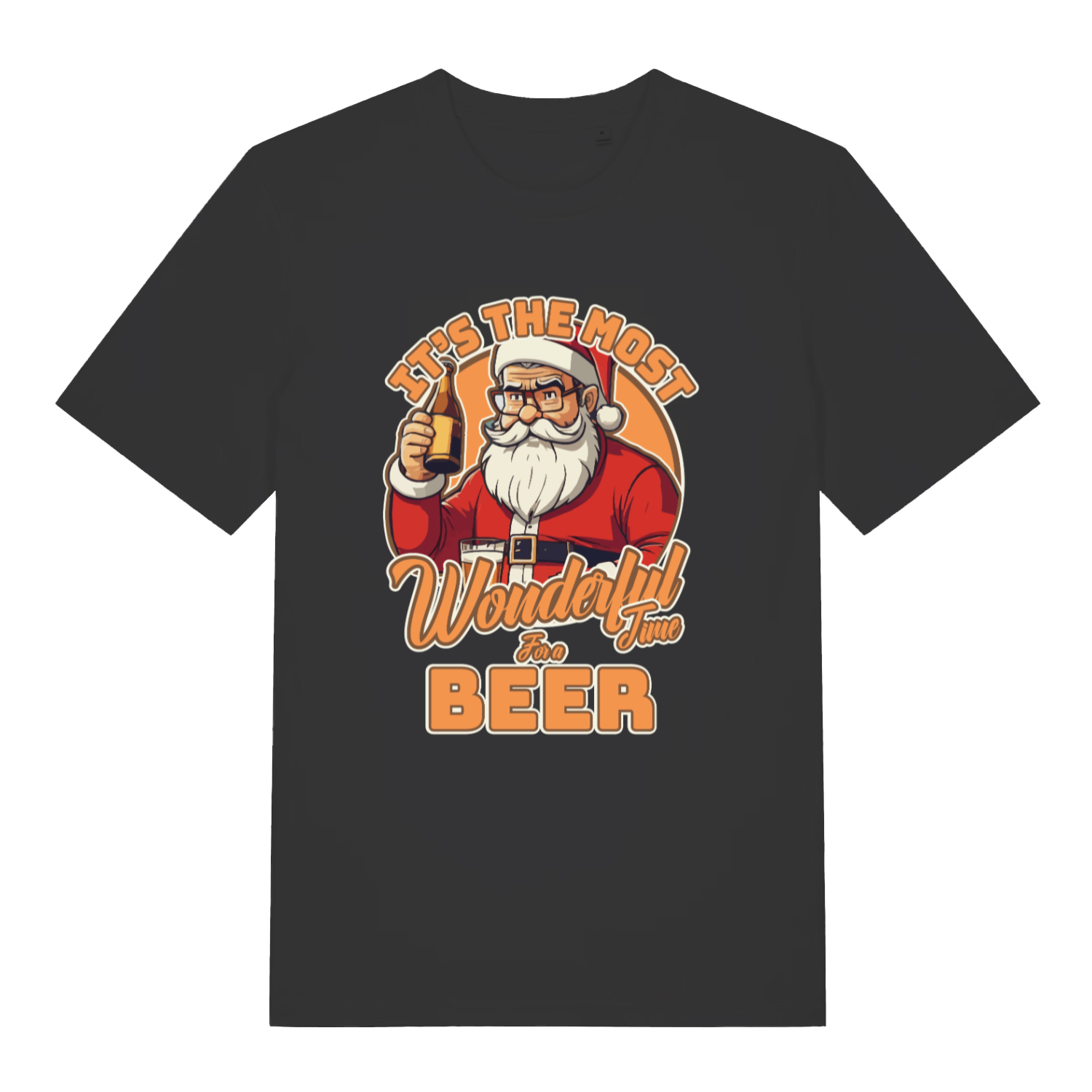 Black It’s The Most Wonderful Time For A Beer funny graphic t-shirt with Santa holding a beer bottle  