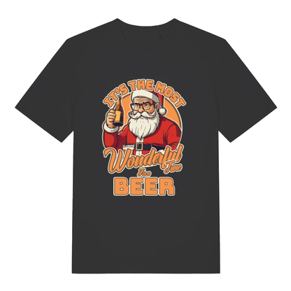 Black It’s The Most Wonderful Time For A Beer funny graphic t-shirt with Santa holding a beer bottle  