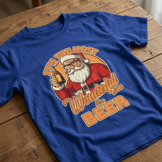 Blue It’s the Most Wonderful Time for a Beer t-shirt on wood with Santa beer design, funny festive santa xmas beer pun graphic
