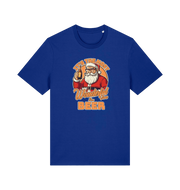 blue xmas t-shirt with the graphic of santa holding a bottle of beer and the slogan 'it's the most wonderful time for a beer'