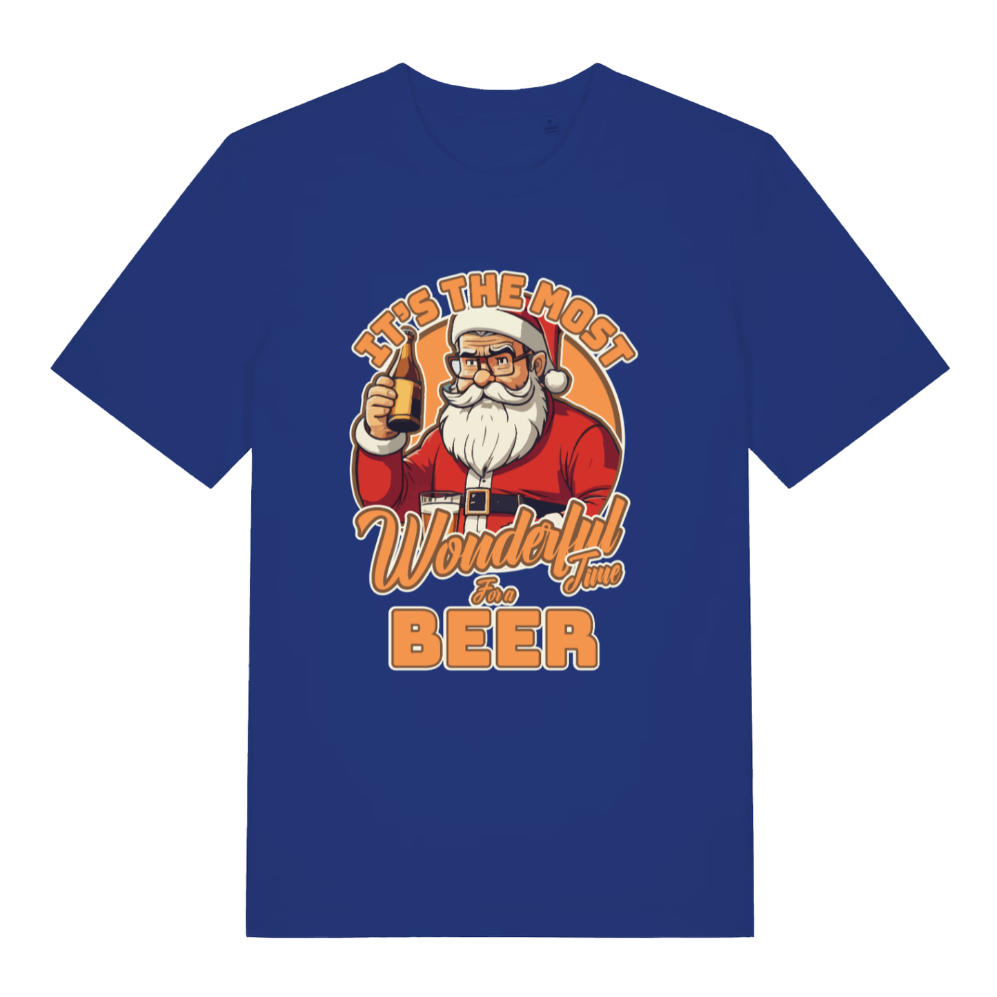 Blue It’s The Most Wonderful Time For A Beer funny graphic t-shirt featuring Santa and bold festive lettering  
