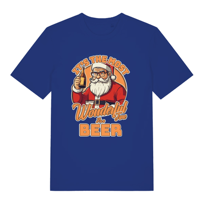 Blue It’s The Most Wonderful Time For A Beer funny graphic t-shirt featuring Santa and bold festive lettering  