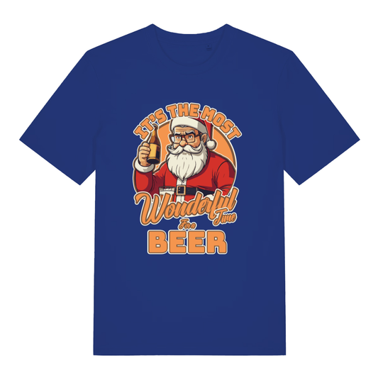 Blue It’s The Most Wonderful Time For A Beer funny graphic t-shirt featuring Santa and bold festive lettering  
