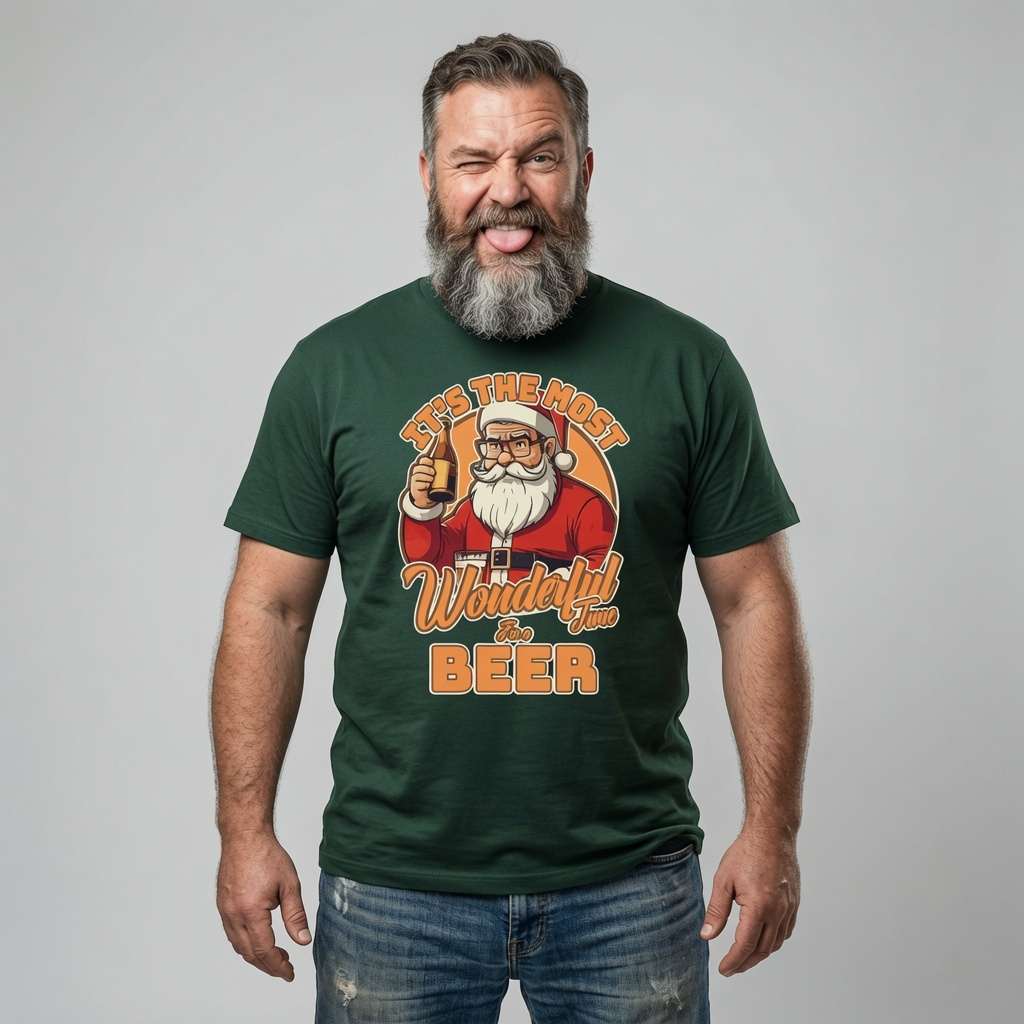 Man with tongue out winking in green It’s the Most Wonderful Time for a Beer tee, witty fun santa beer pun xmas pub