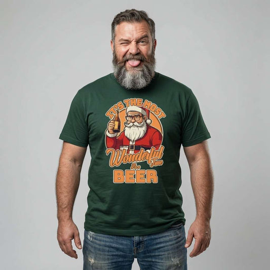 Man with tongue out winking in green It’s the Most Wonderful Time for a Beer tee, witty fun santa beer pun xmas pub