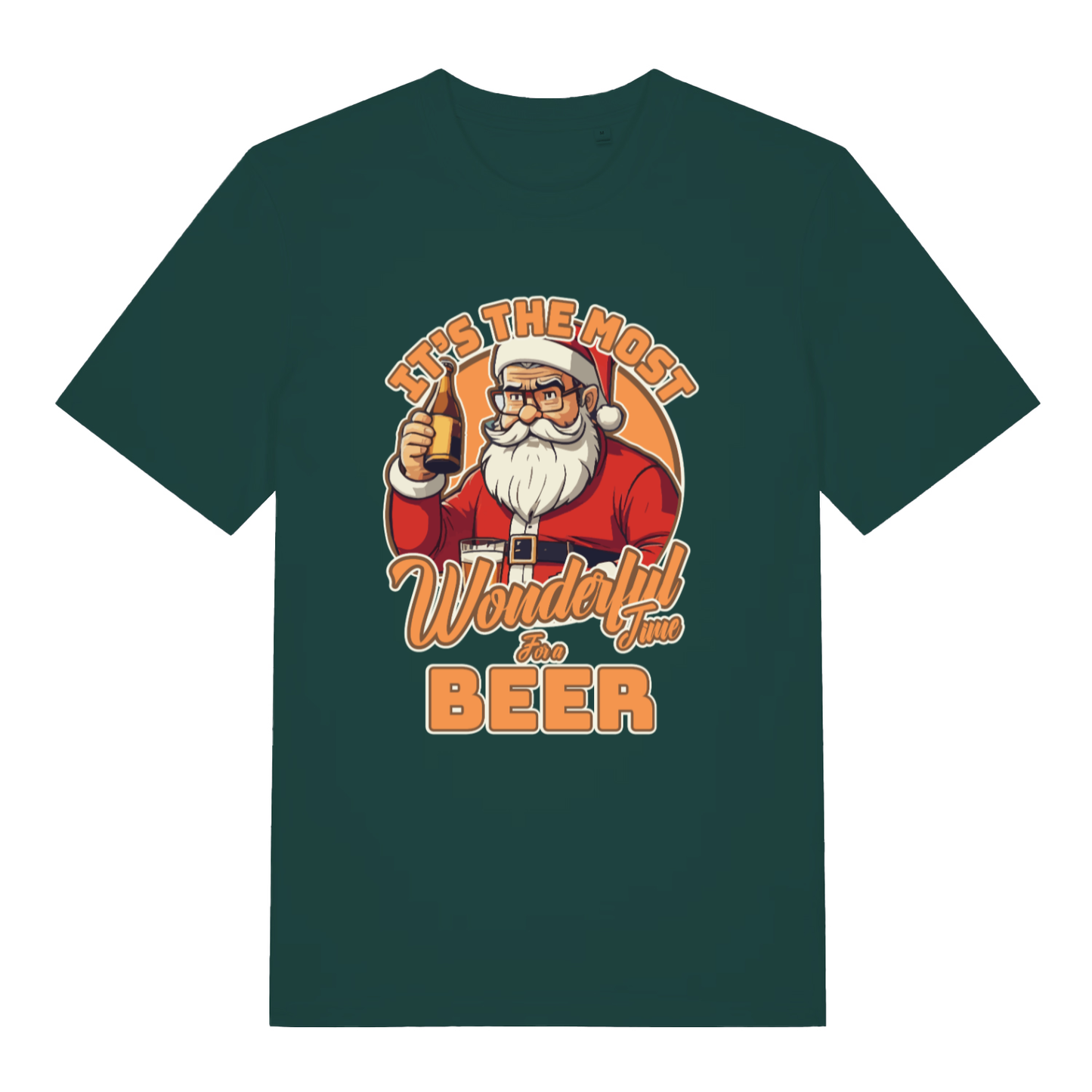 Green It’s The Most Wonderful Time For A Beer funny graphic t-shirt with Santa clutching a cold one  