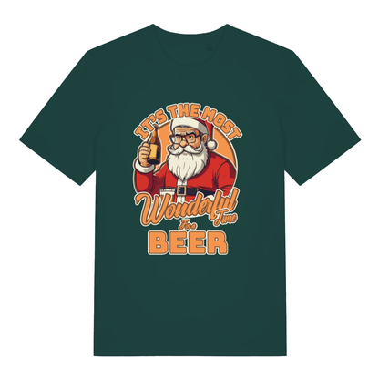 Green It’s The Most Wonderful Time For A Beer funny graphic t-shirt with Santa clutching a cold one  