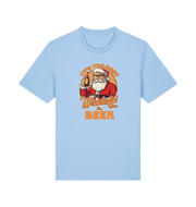light blue xmas t-shirt with the graphic of santa holding a bottle of beer and the slogan 'it's the most wonderful time for a beer'