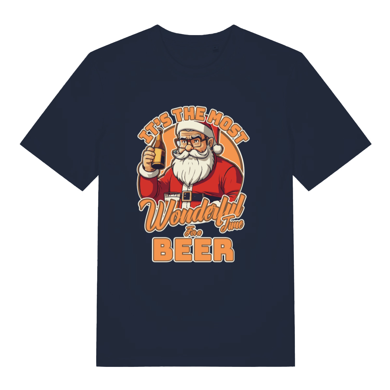 Navy It’s The Most Wonderful Time For A Beer funny graphic t-shirt showing Santa and “Wonderful Time For a Beer” text  
