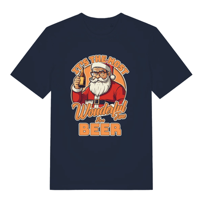 Navy It’s The Most Wonderful Time For A Beer funny graphic t-shirt showing Santa and “Wonderful Time For a Beer” text  