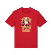 red xmas t-shirt with the graphic of santa holding a bottle of beer and the slogan 'it's the most wonderful time for a beer'