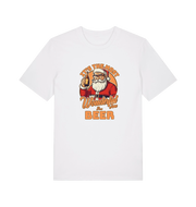white xmas t-shirt with the graphic of santa holding a bottle of beer and the slogan 'it's the most wonderful time for a beer'