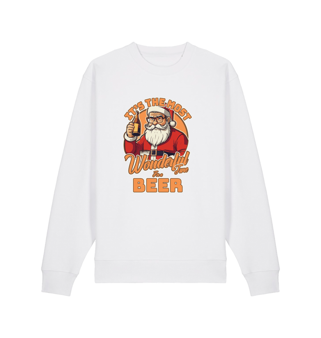 white xmas sweater with the graphic of santa drinking a beer and the slogan 'it's the most wonderful time for a beer'