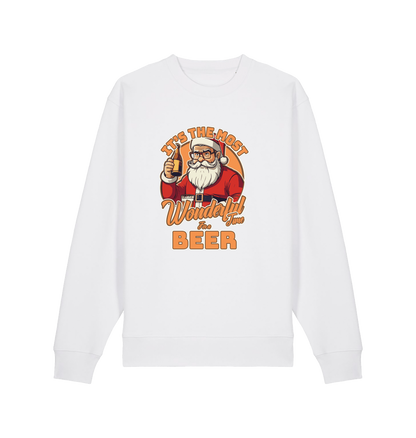white xmas sweater with the graphic of santa drinking a beer and the slogan 'it's the most wonderful time for a beer'