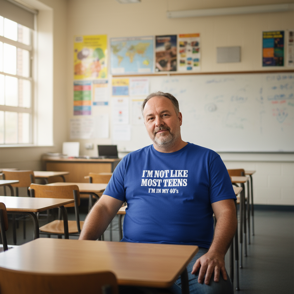 Man in a classroom wearing a blue t-shirt with text, surrounded by desks and educational posters on the wall.