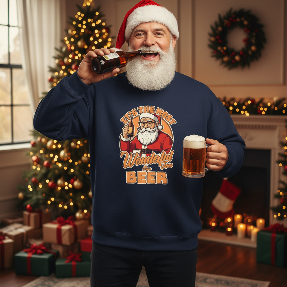 Man wearing a navy blue sweatshirt with a Christmas-themed design, holding a beer mug and bottle, in a festive room with Christmas decorations.