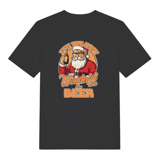 black santa t-shirt with graphic of santa holding a bottle of beer and the slogan 'it's the most wonderful time for a beer'