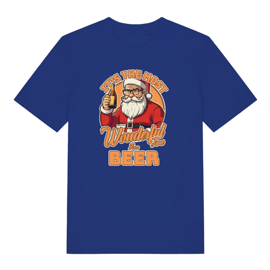 blue santa t-shirt with graphic of santa holding a bottle of beer and the slogan 'it's the most wonderful time for a beer'