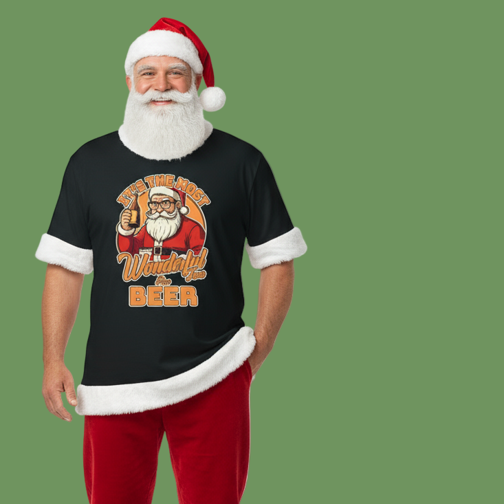Person wearing a black t-shirt with a Santa Claus graphic and text, standing against a green background.