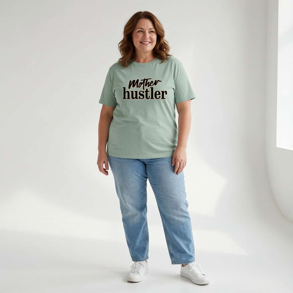 Woman smiling standing in green Mother Hustler tee, fun relatable busy mum slogan
