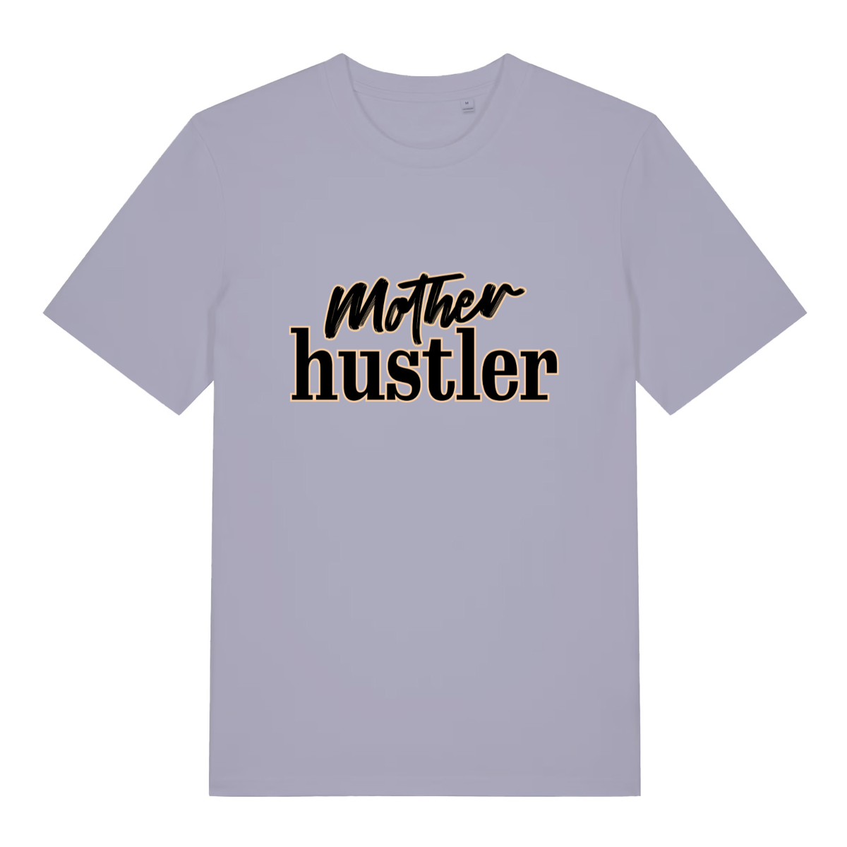 Lavender Mother Hustler funny slogan t-shirt featuring stylish brush script and bold text  