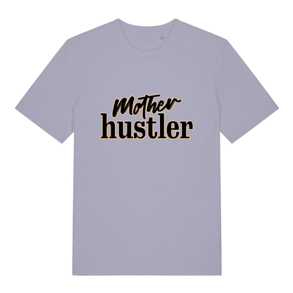 Lavender Mother Hustler funny slogan t-shirt featuring stylish brush script and bold text  