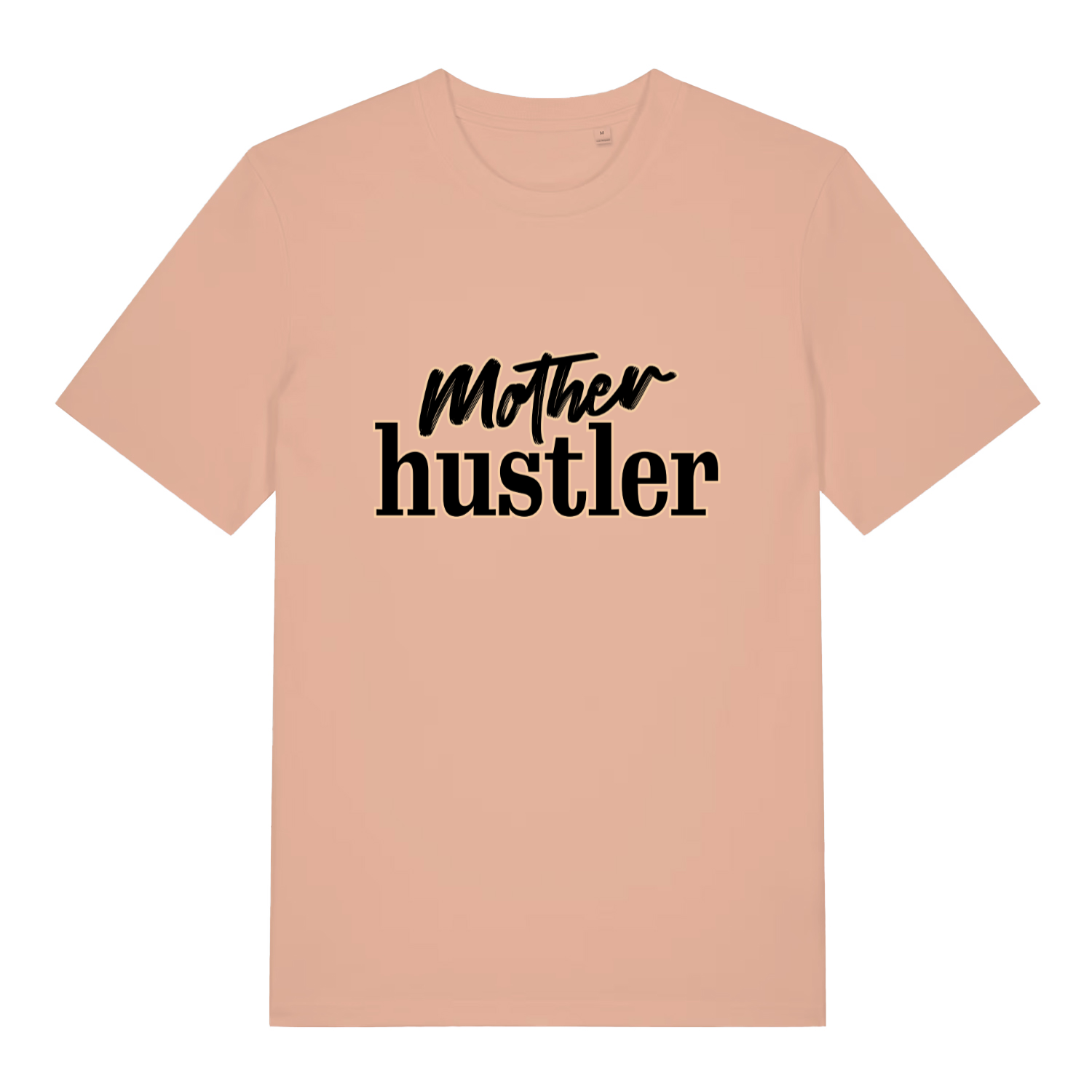 Peach Mother Hustler funny slogan t-shirt with black “Mother hustler” design  