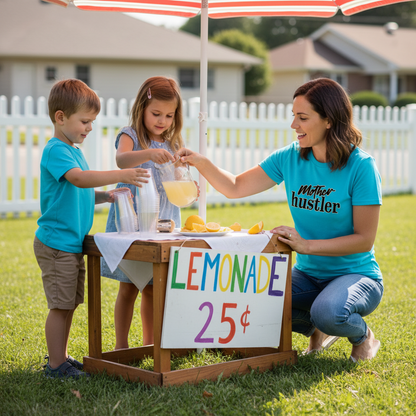 Woman and two children at a lemonade stand with a 'Mother Hustler' shirt.