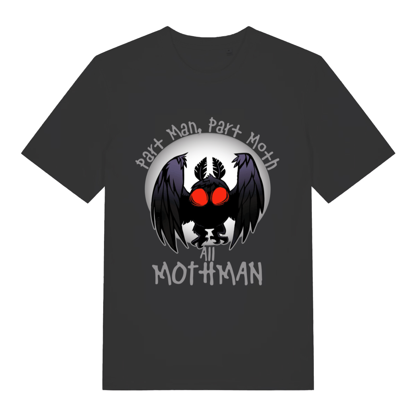 Black Part Man Part Moth All Mothman funny graphic t-shirt with glowing red-eyed Mothman design  