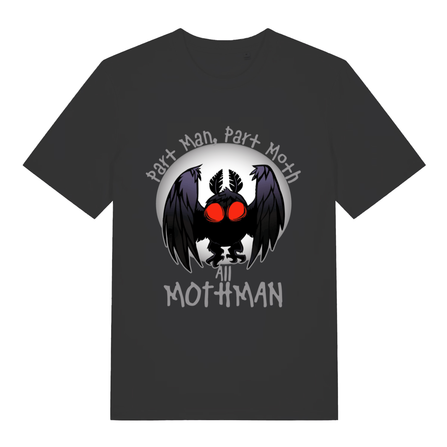 Black Part Man Part Moth All Mothman funny graphic t-shirt with glowing red-eyed Mothman design  