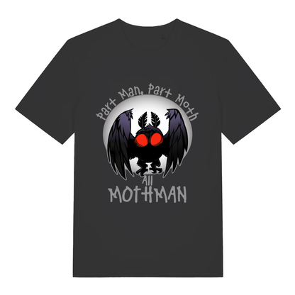 Black Part Man Part Moth All Mothman funny graphic t-shirt with glowing red-eyed Mothman design  