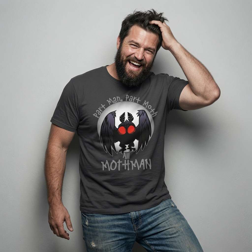 Man laughing with hand in hair in grey Part Man Part Moth All Mothman tee, witty mens mothman cryptid gaming
