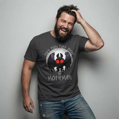 Man laughing with hand in hair in grey Part Man Part Moth All Mothman tee, witty mens mothman cryptid gaming