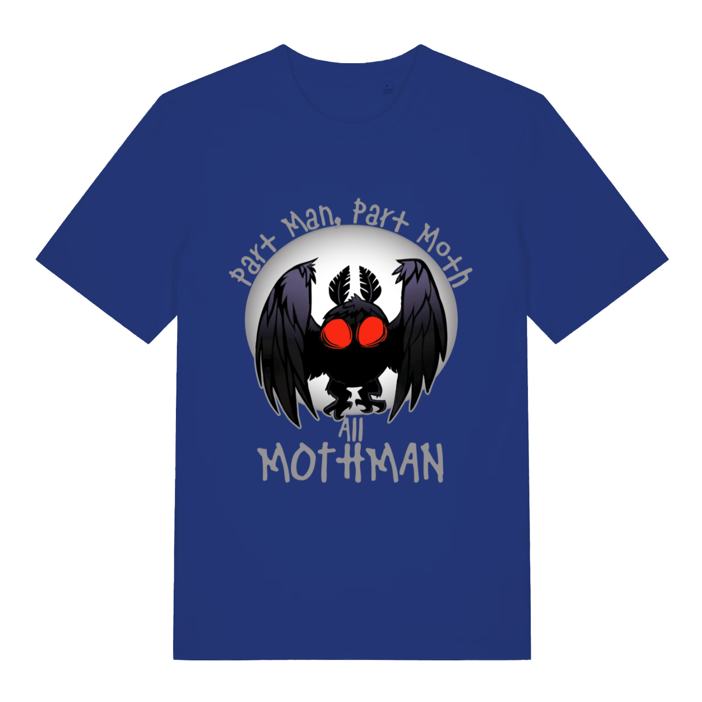 Blue Part Man Part Moth All Mothman funny graphic t-shirt featuring classic Mothman and bold text  