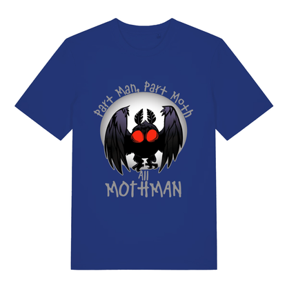 Blue Part Man Part Moth All Mothman funny graphic t-shirt featuring classic Mothman and bold text  