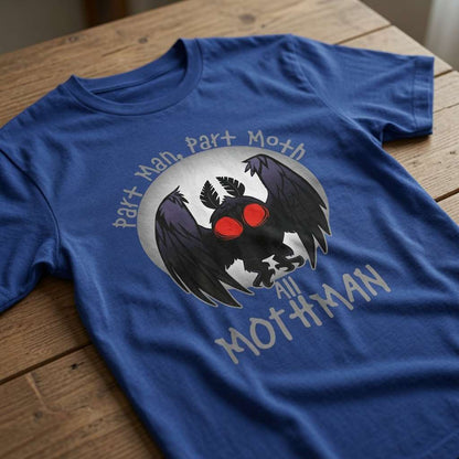 Blue Part Man Part Moth All Mothman t-shirt on wood with Mothman design, mens witty moth man cryptid gamer graphic