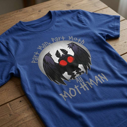 Blue Part Man Part Moth All Mothman t-shirt on wood with Mothman design, mens witty moth man cryptid gamer graphic