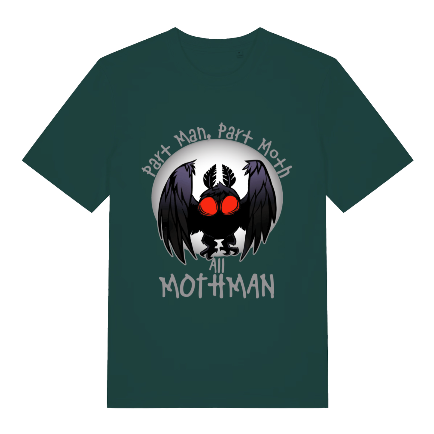Green Part Man Part Moth All Mothman funny graphic t-shirt with Mothman silhouette and red eyes  