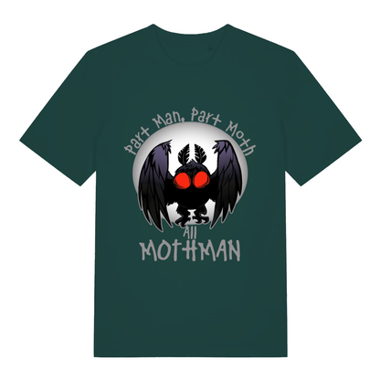 Green Part Man Part Moth All Mothman funny graphic t-shirt with Mothman silhouette and red eyes  